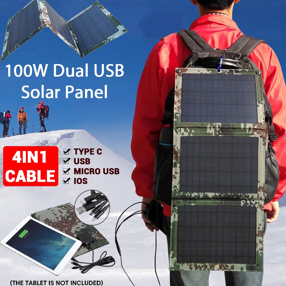 Faltbares 100W Dual-USB-Solarpanel Outdoor , Wasserdichtes Solarpanel, Ladegerät Mobile Power-Ladegerät mit 4 in 1 Kabel